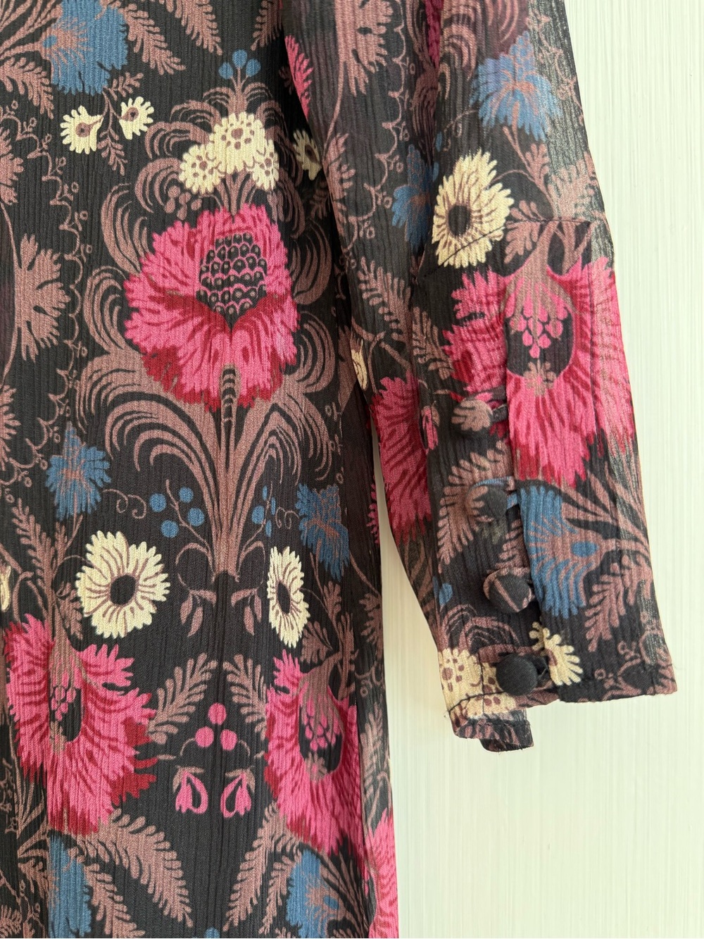 PAIGE Ledara Black Silk Dark Floral Long Sleeved Wrap Midi Dress - Picture 7 of 9